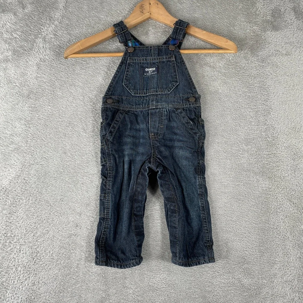 OshKosh B'gosh Denim Overalls Kids 9 Month Blue Flannel Lined Carpenter Workwear